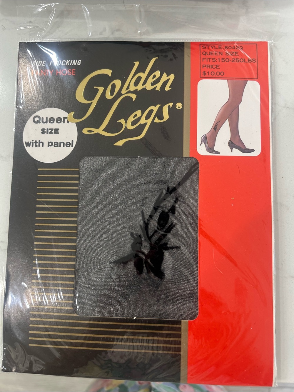 Vintage 1970s Golden Legs Queen Size Black Patterned Nylon Hosiery